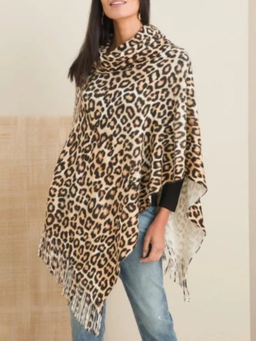 Chicos Cheetah Knit Poncho Womens One Size Brown Black Fringe Cowl Neck